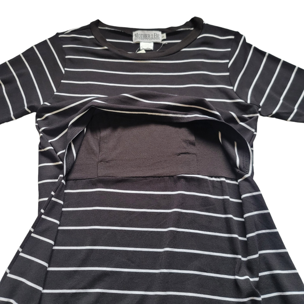 Mother 2 Be Maternity Nursing Wear Short Sleeve Black White Striped Top - Picture 6 of 10